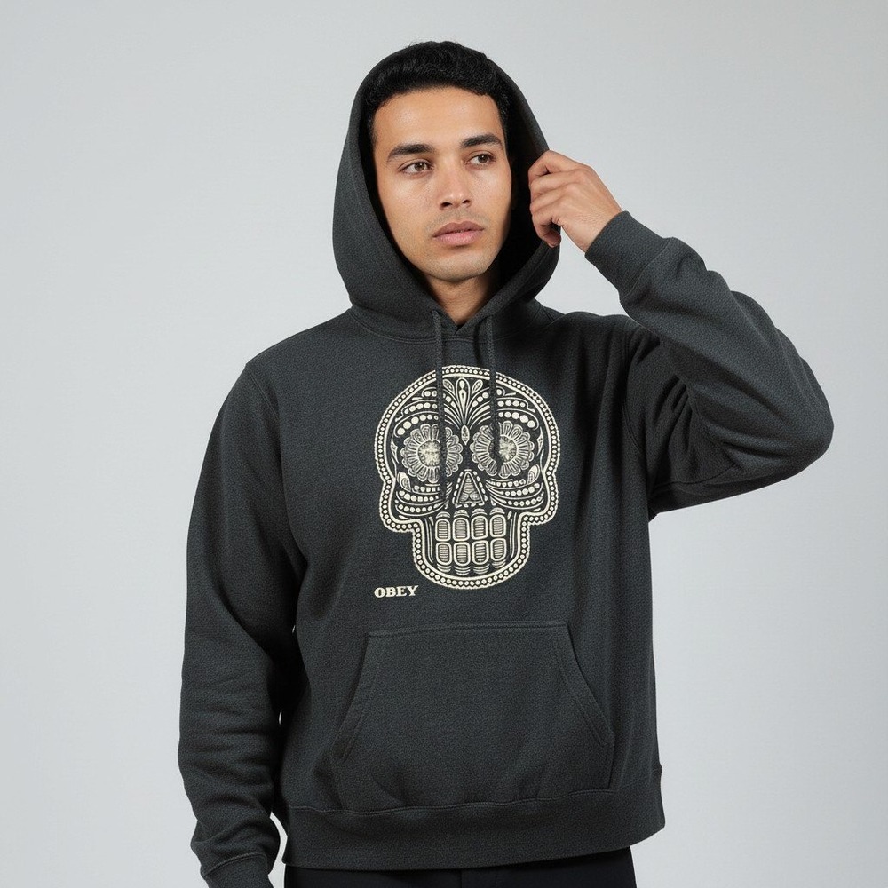 Obey Hoodie XL Charcoal Grey Sugar Skull Graphic Pullover Sweatshirt IND008C